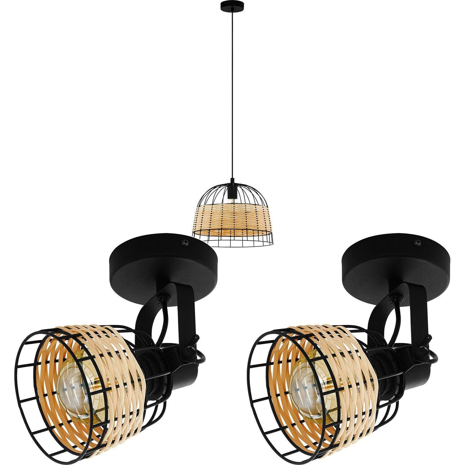 Ceiling Pendant Light & 2x Matching Wall Lights Black Wire & Wicker Wood Lamp