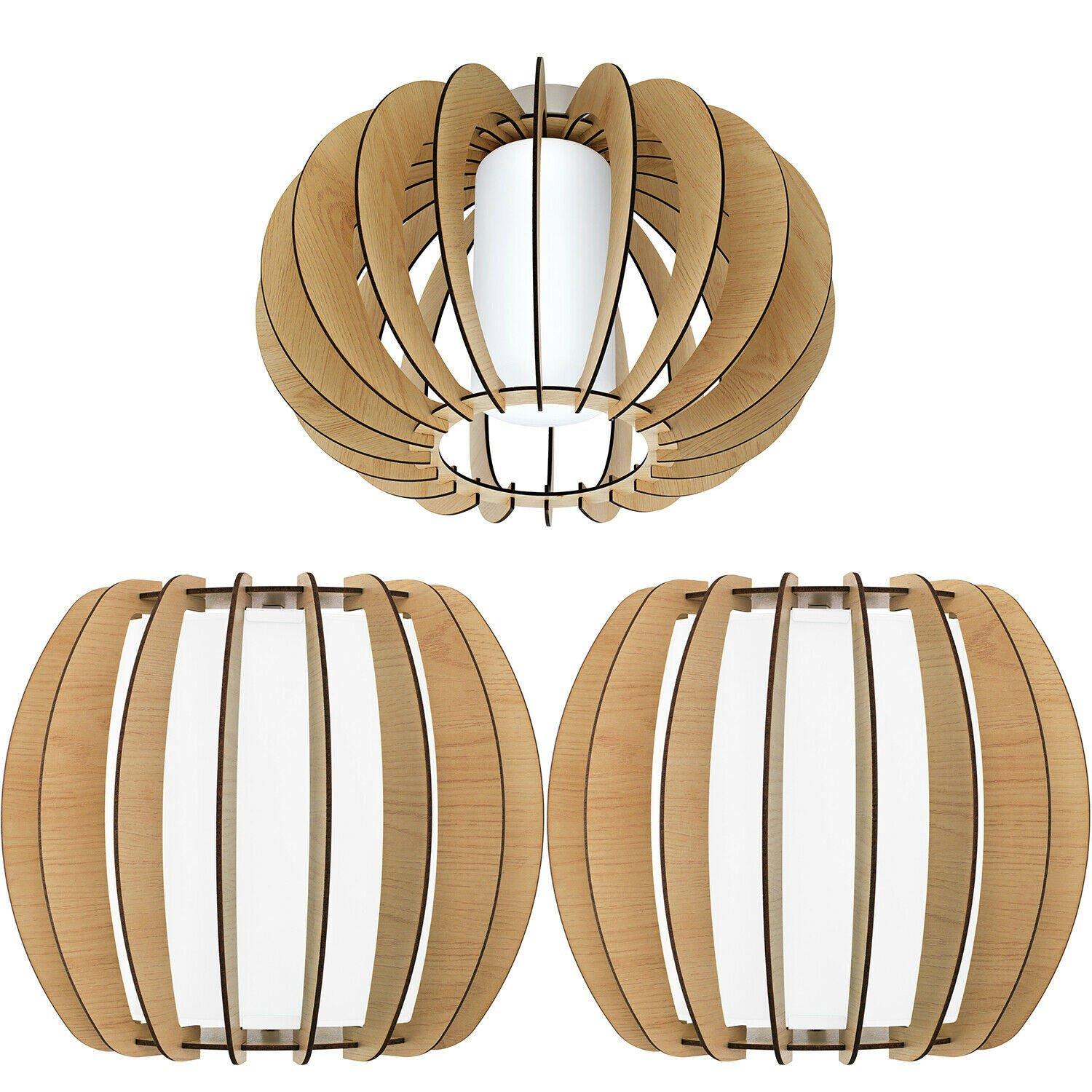 Low Ceiling Light & 2x Matching Wall Lights Wood Cage & White Glass Shade Lamp