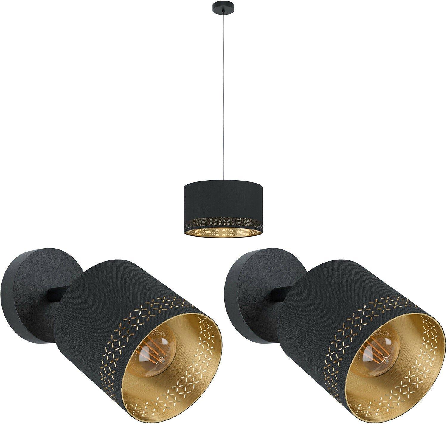 Ceiling Pendant Light & 2x Matching Wall Lights Black & Gold Patern Modern Shade