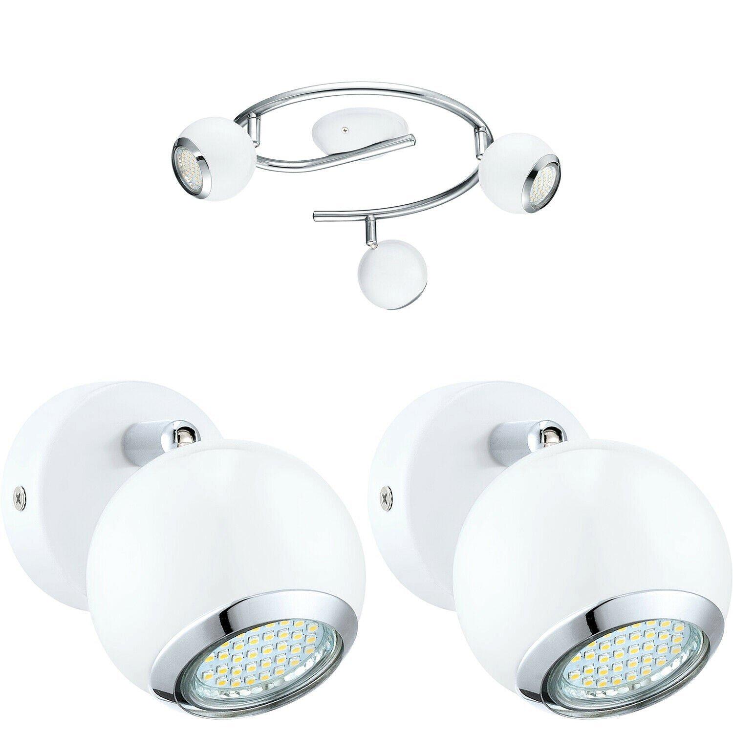 Ceiling Spot Light & 2x Matching Wall Lights White Chrome Round Adjustable Lamp