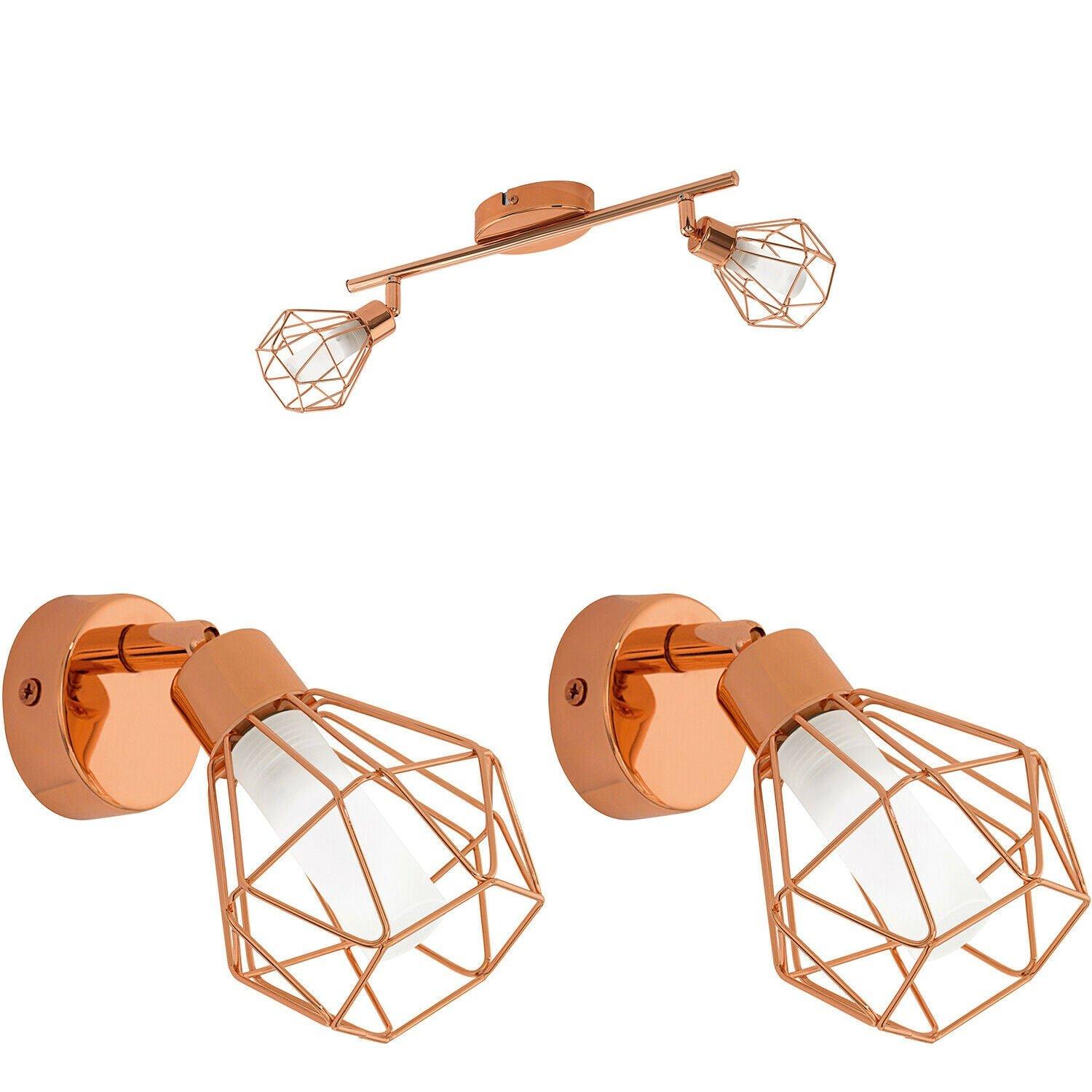 Twin Ceiling Spot Light & 2x Matching Wall Lights Copper Geometric Wire Cage
