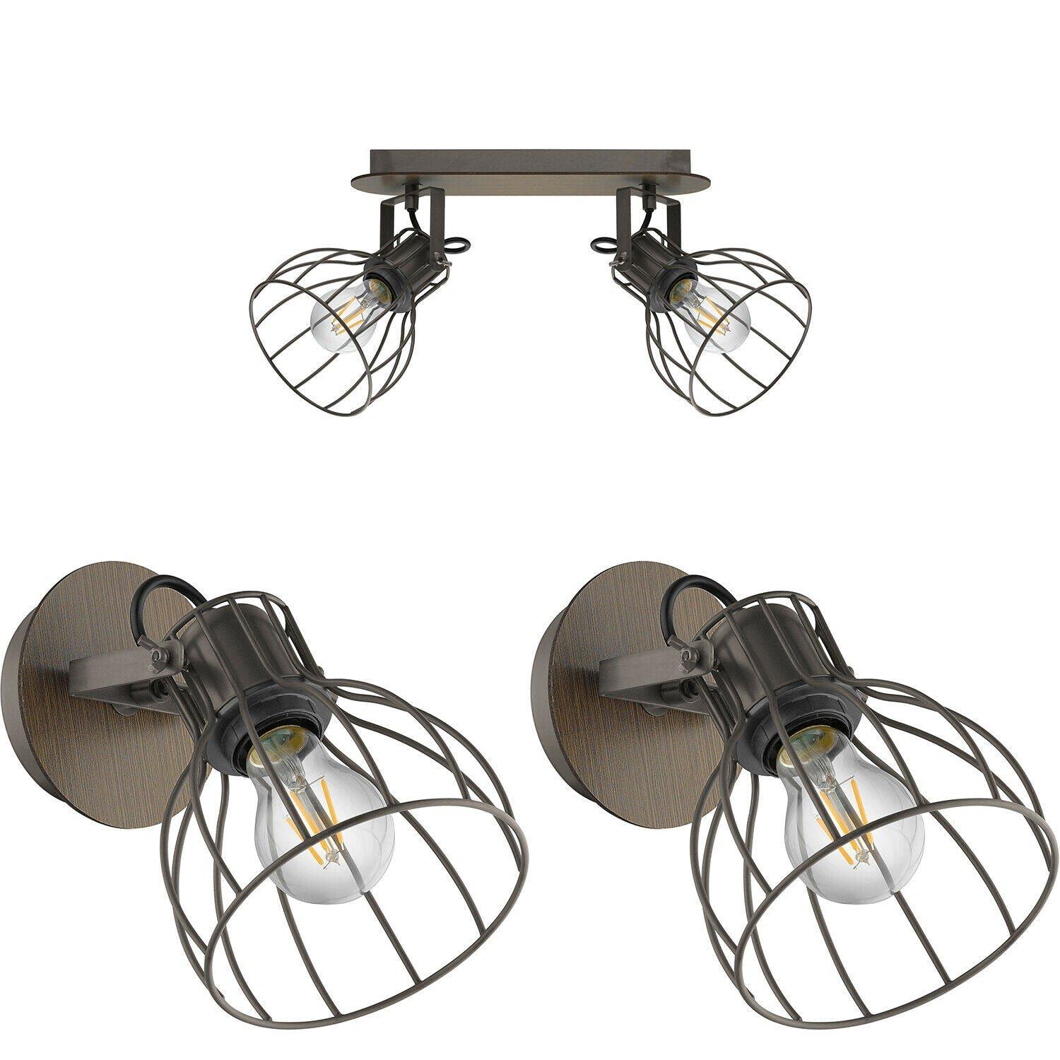 Twin Ceiling Spot Light & 2x Matching Wall Lights Black Industrial Wire Shade
