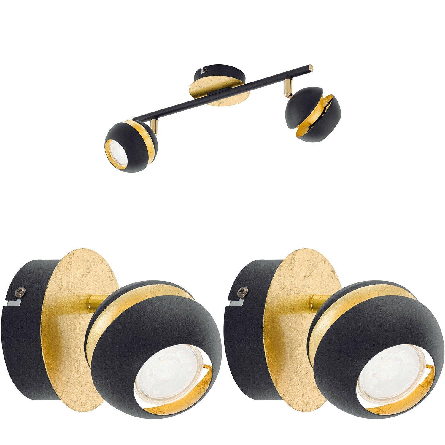 Twin Ceiling Spot Light & 2x Matching Wall Lights Black & Gold Adjustable Shade