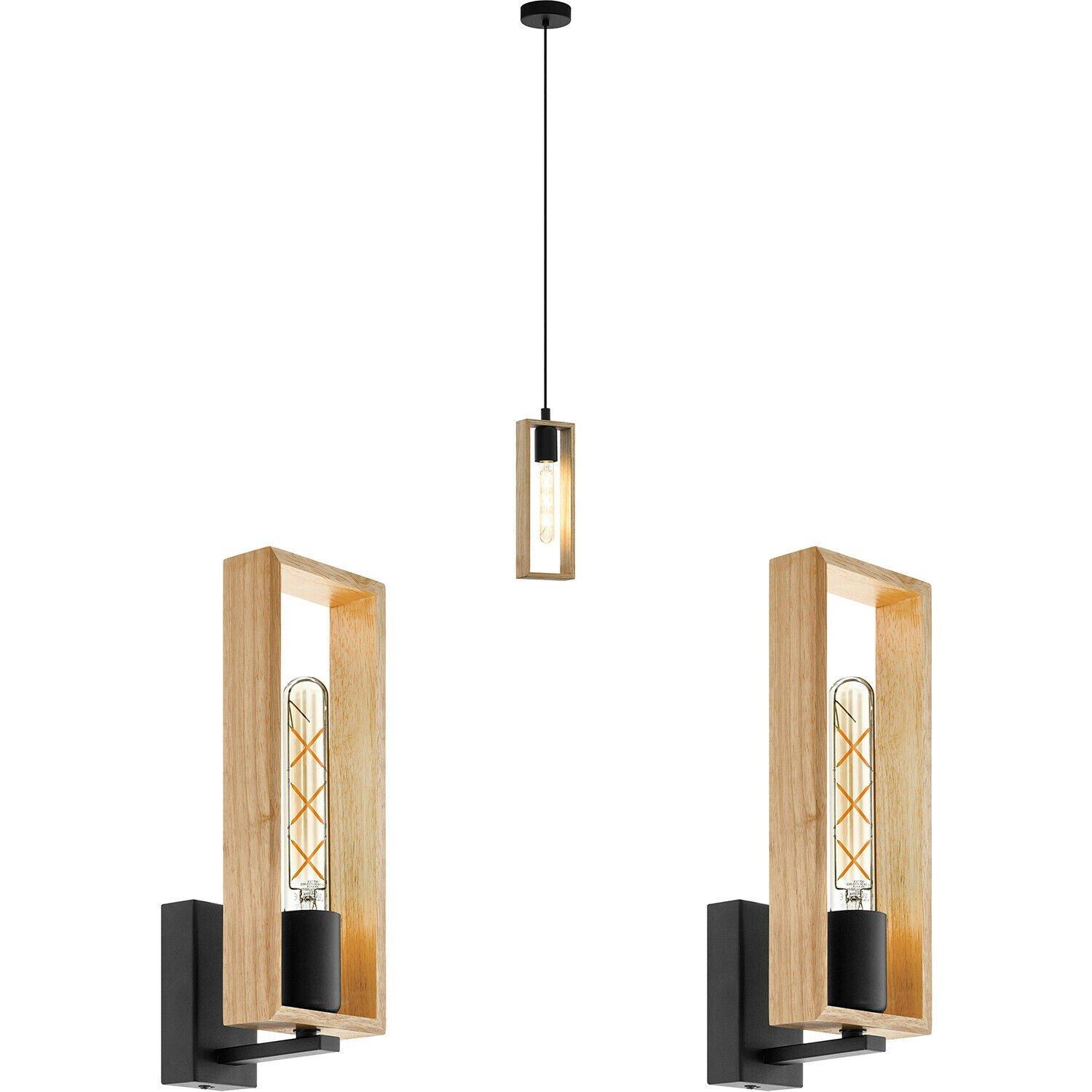 Ceiling Pendant Light & 2x Matching Wall Lights Black & Wood Box Modern Shade
