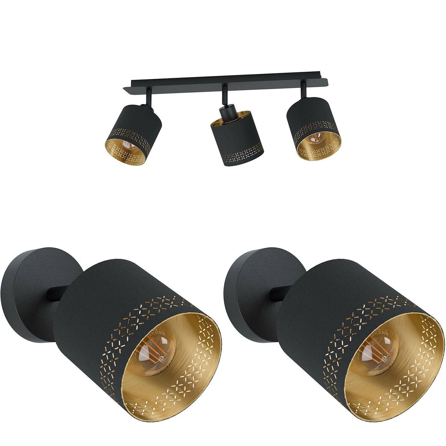 Ceiling Spot Light & 2x Matching Wall Lights Black Gold Pattern Adjustable Lamp