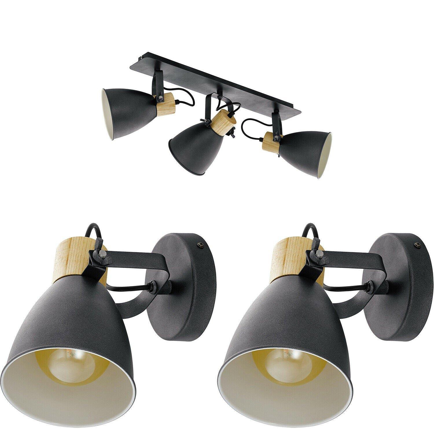 Ceiling Spot Light & 2x Matching Wall Lights Black & Wood Adjustable Shade