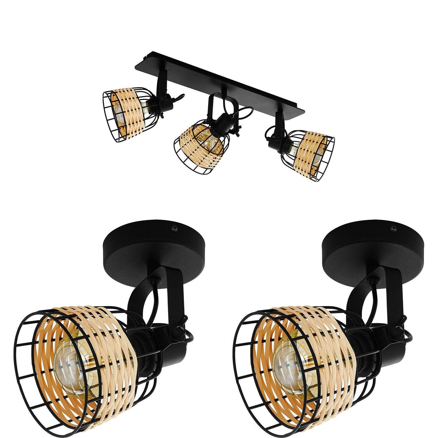 Ceiling Spot Light & 2x Matching Wall Lights Black & Wicker Adjustable Shade