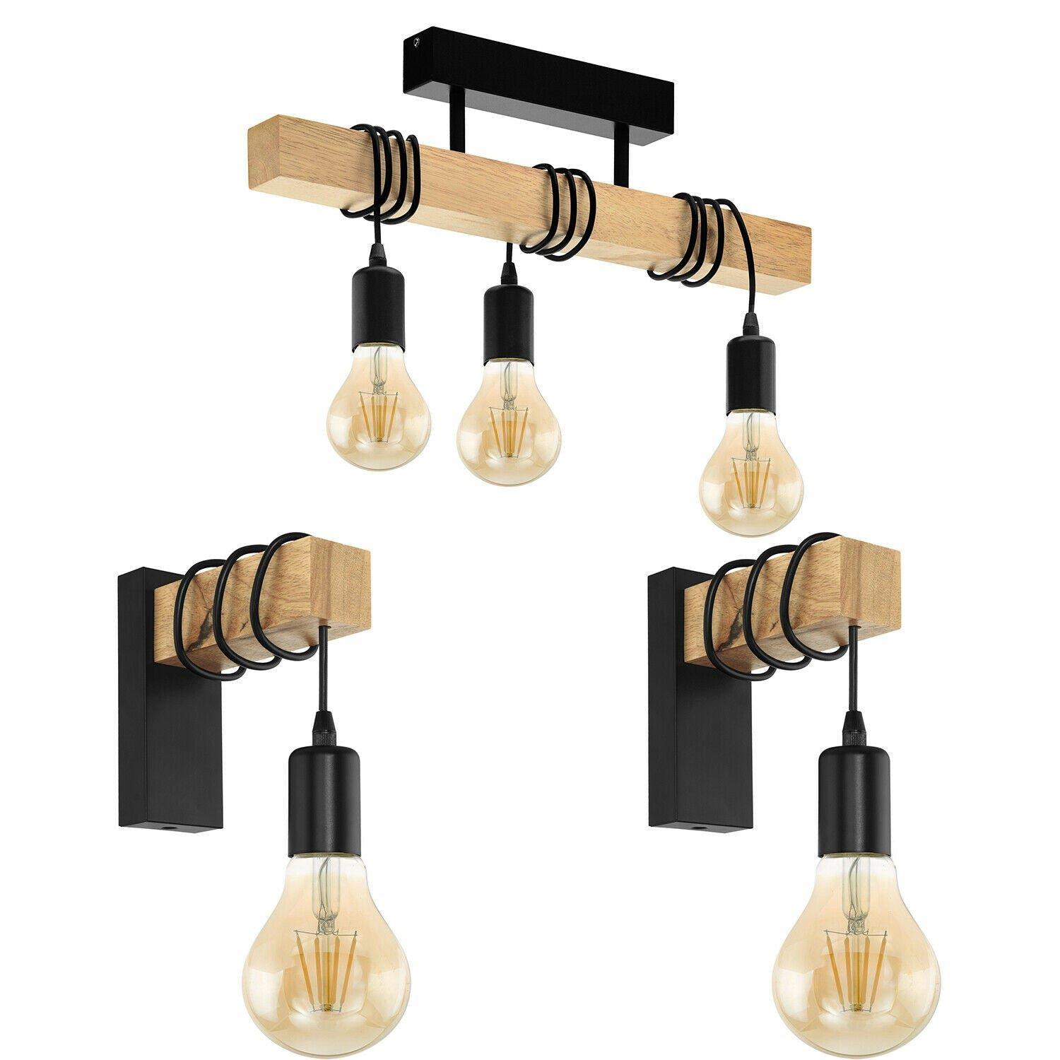 Ceiling Spot Light & 2x Matching Wall Lights Black & Wood Trendy Hanging Lamp