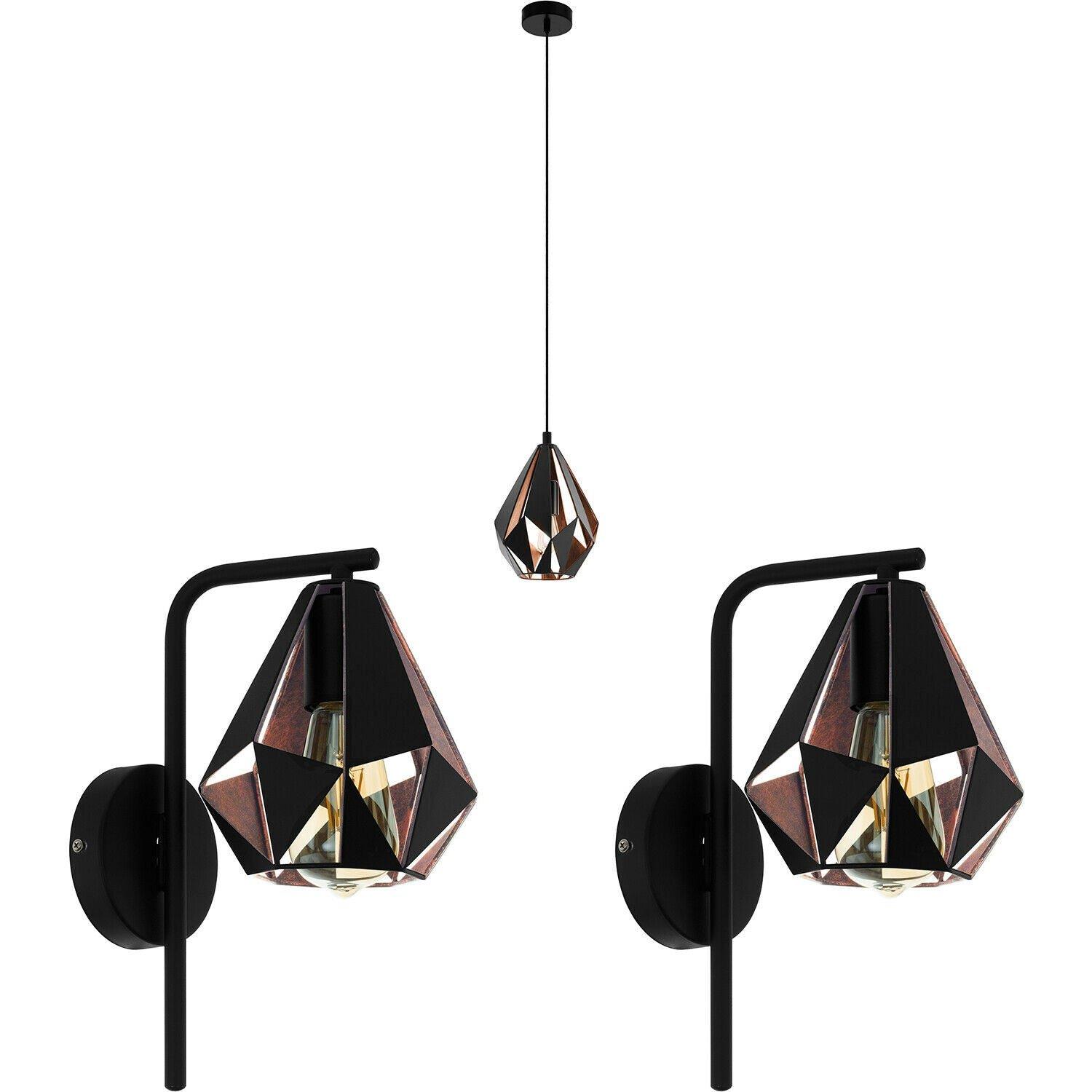 Ceiling Pendant Light & 2x Matching Wall Lights Black & Copper Geometric Shade