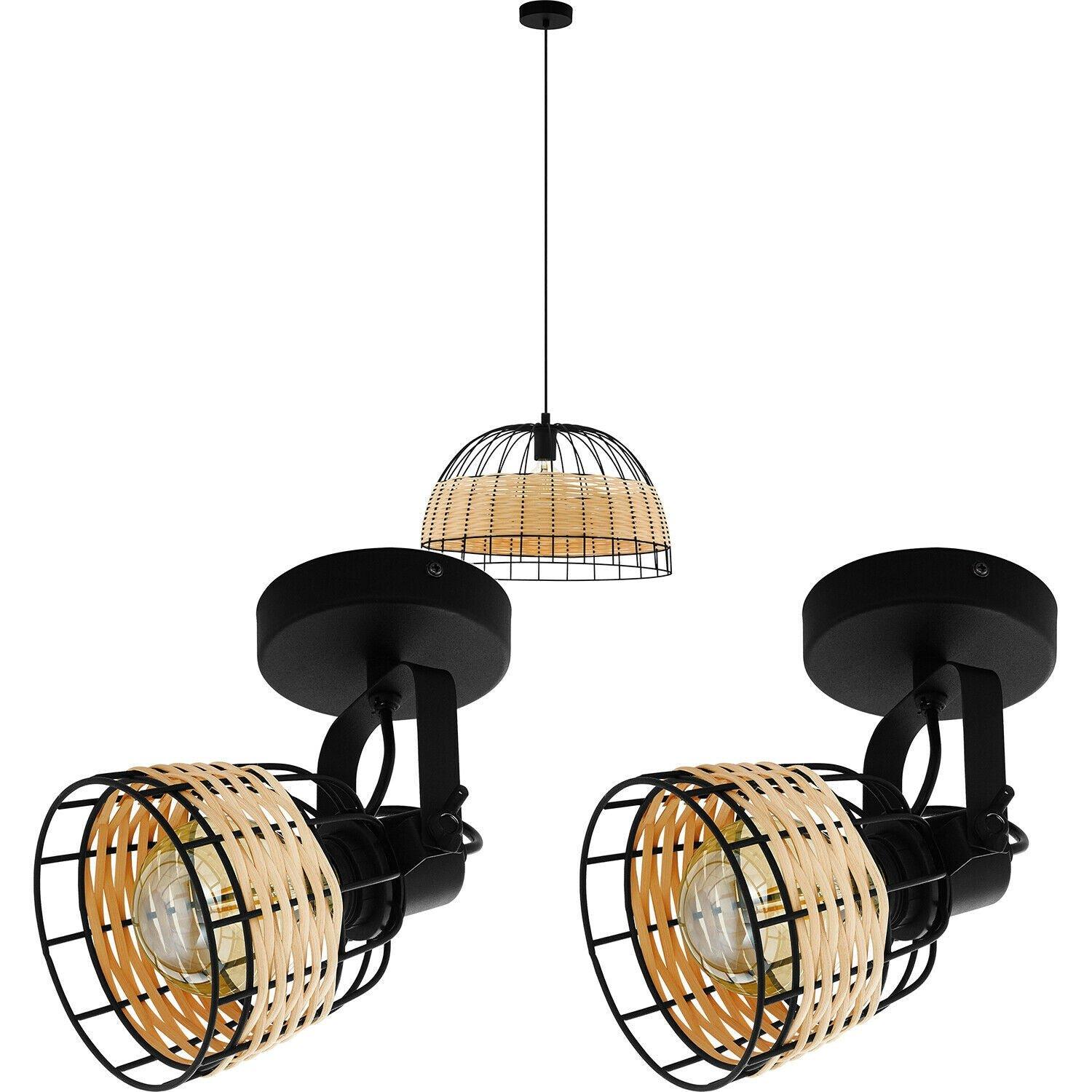 Ceiling Pendant Light & 2x Matching Wall Lights Black & Wicker Wood Shade