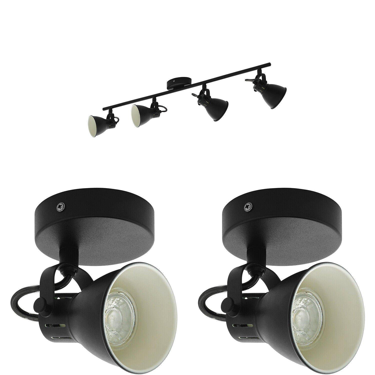 Quad Ceiling Spot Light & 2x Matching Wall Lights Matt Black Adjustable Shade