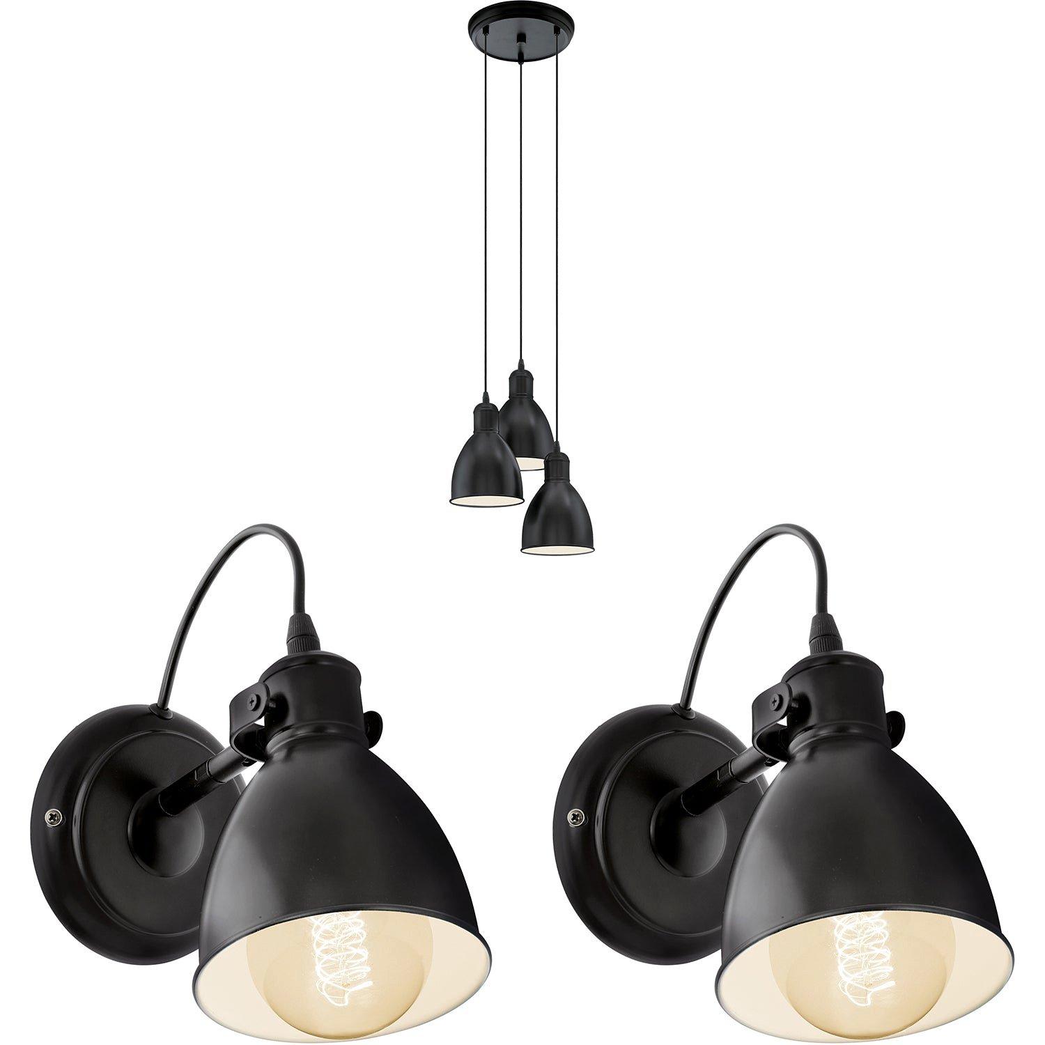 Ceiling Pendant Light & 2x Matching Wall Lights Black Multi Lamp Hanging Shade
