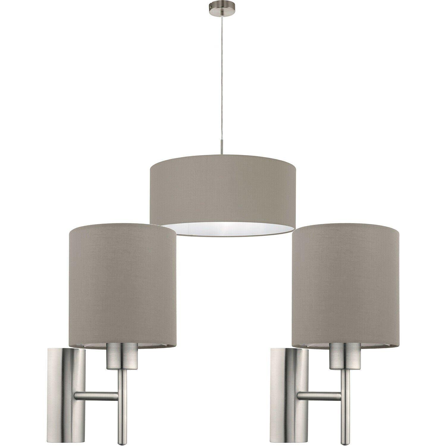 Ceiling Pendant Light & 2x Matching Wall Lights Satin Nickel Taupe Fabric Shade