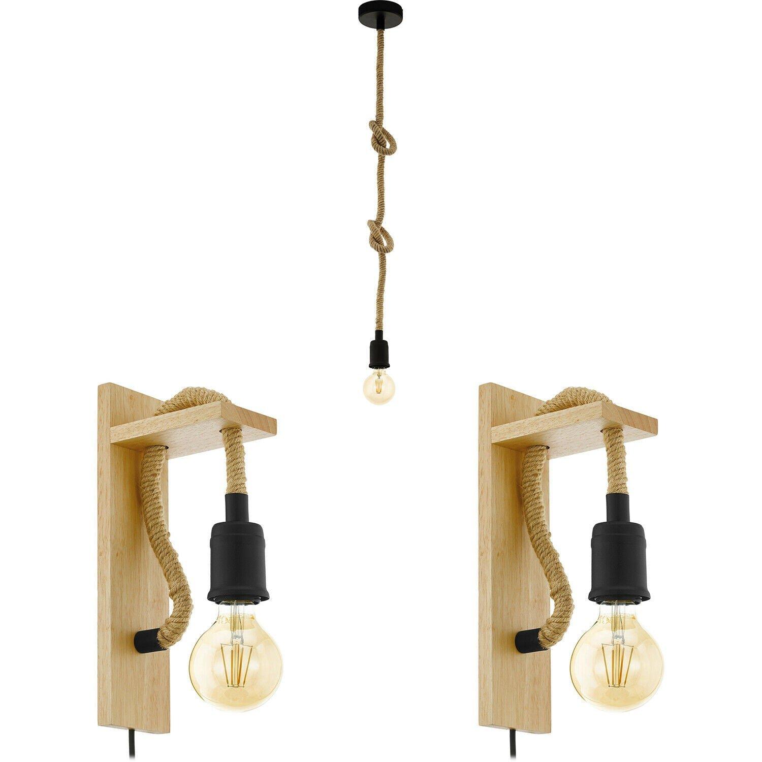 Ceiling Pendant Light & 2x Matching Wall Lights Black & Knot Rope Trendy Lamp