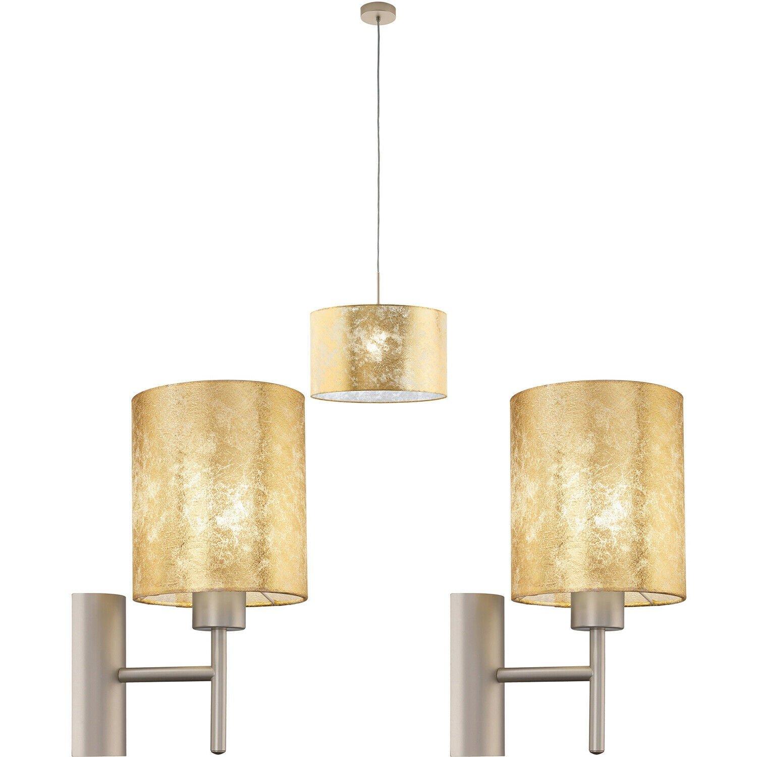 Ceiling Pendant Light & 2x Matching Wall Lights Champagne & Gold Fabric Shade