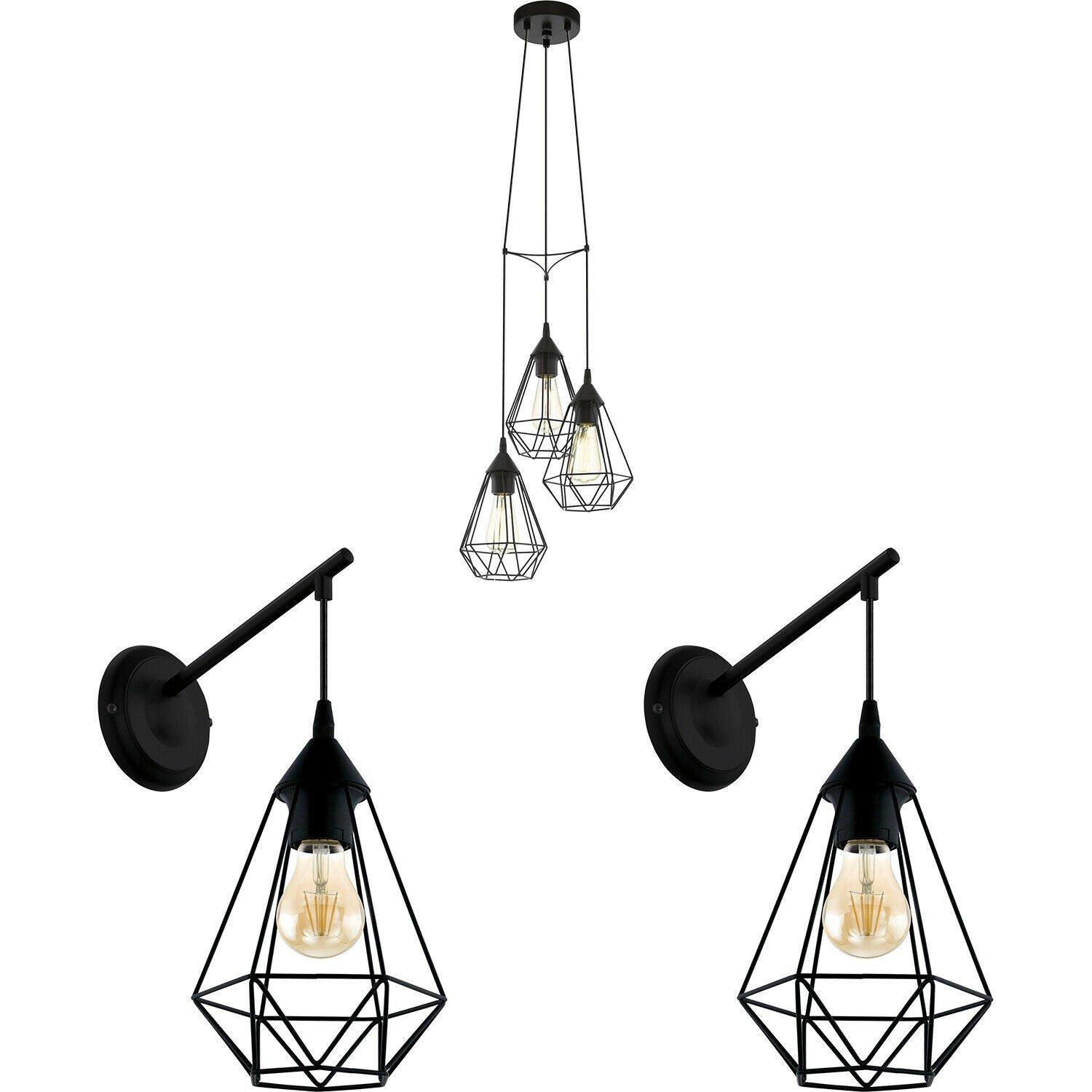 Ceiling Pendant Light & 2x Matching Wall Lights Black Wire Cage Hanging Lamp