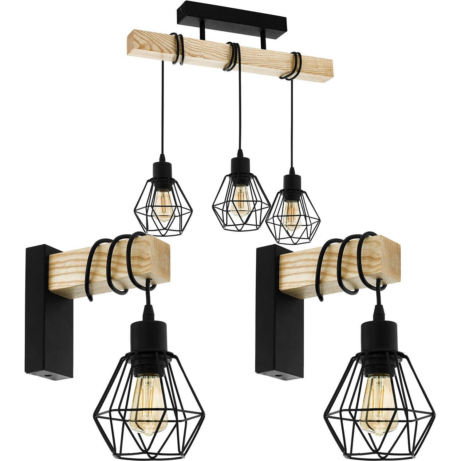Ceiling Spot Light & 2x Matching Wall Lights Black Wire Cage & Wood Trendy Lamp