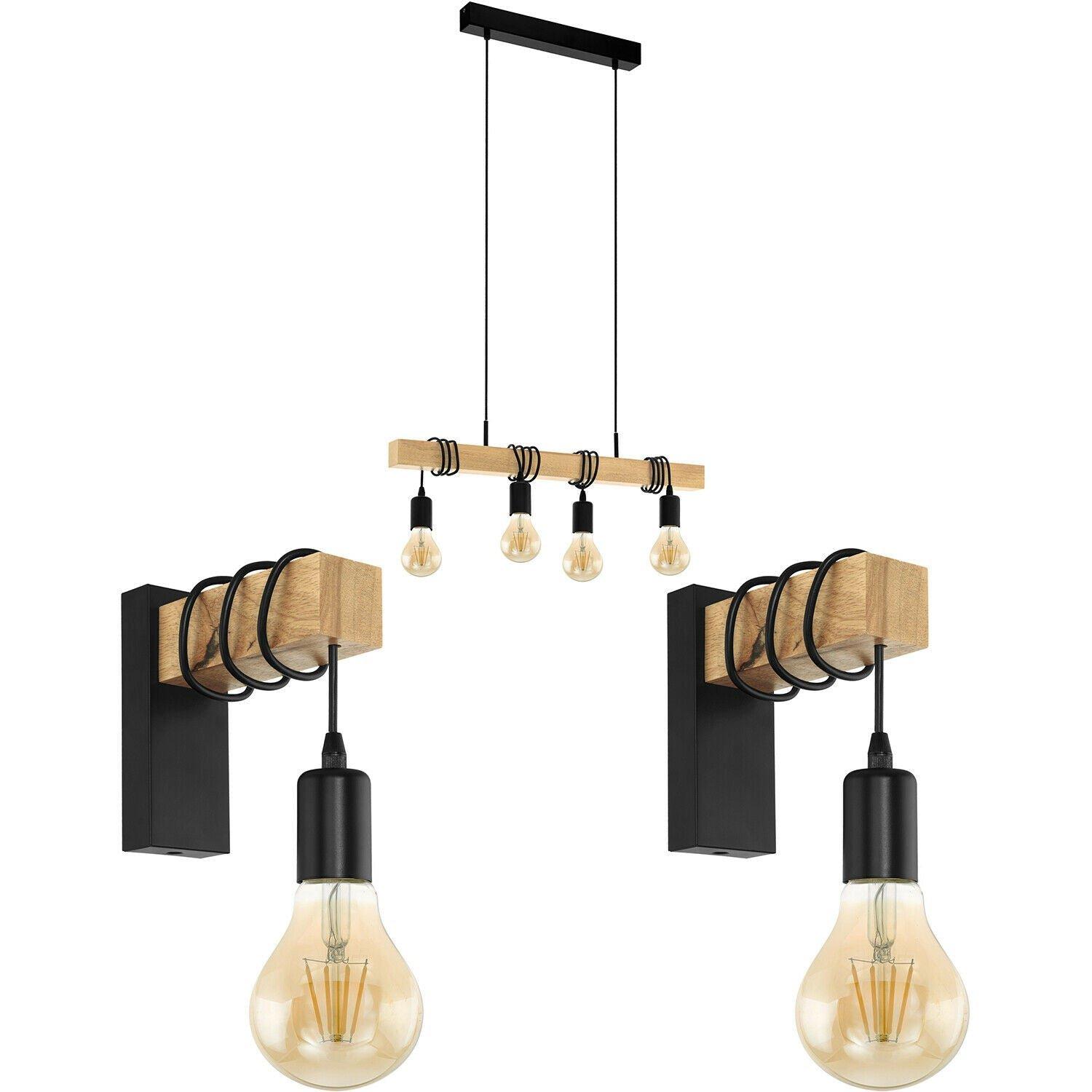 Quad Ceiling Light & 2x Matching Wall Lights Black & Wood Hanging Trendy Lamp