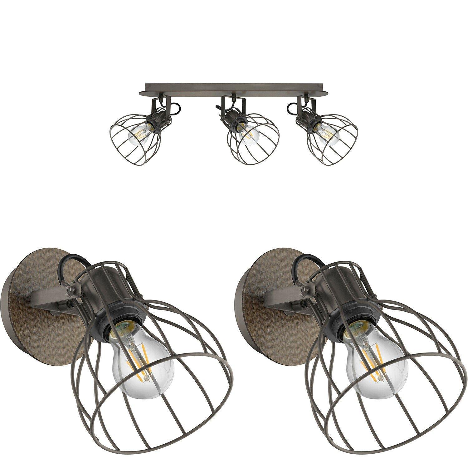 Ceiling Spot Light & 2x Matching Wall Lights Industrial Rustic Metal Wire Shade