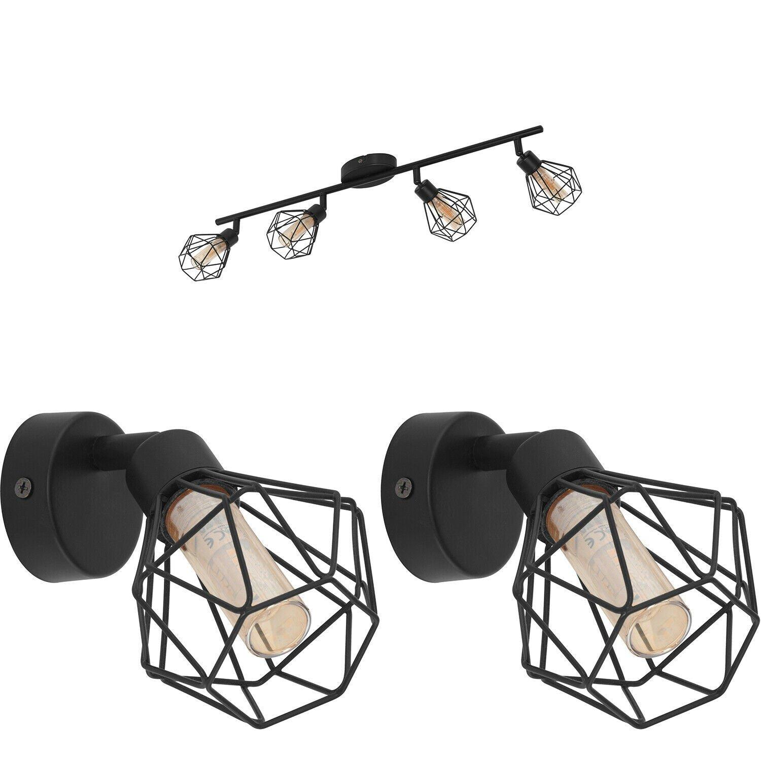Quad Ceiling Light & 2x Matching Wall Lights Black Cage Amber Glass Trendy Lamp