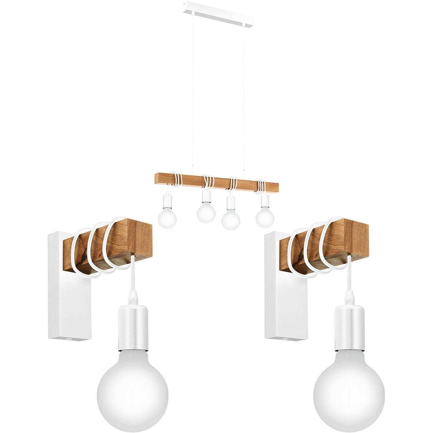 Quad Ceiling Light & 2x Matching Wall Lights White & Wood Hanging Trendy Lamp
