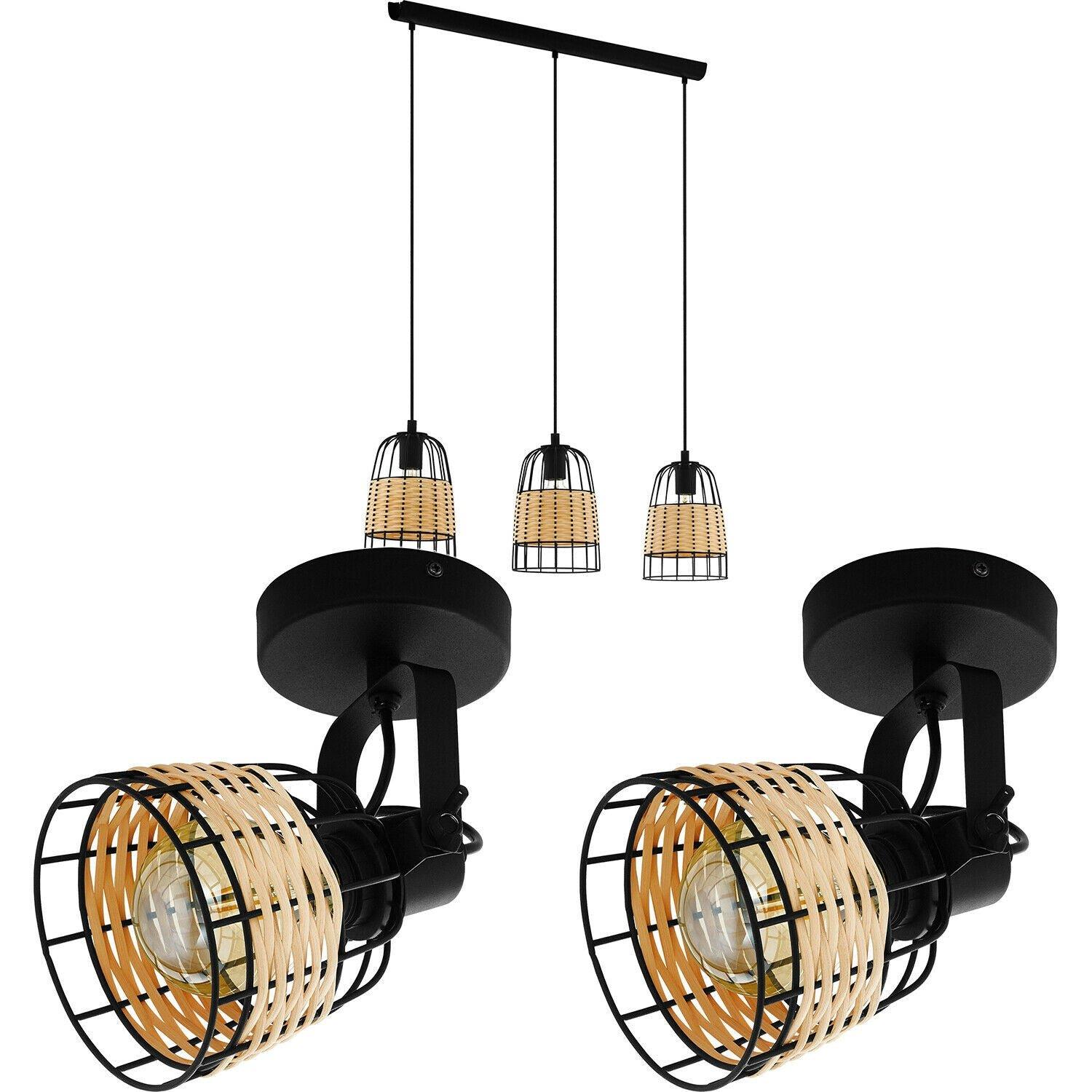 Ceiling Spot Light & 2x Matching Wall Lights Black Wire & Wicker Wood Shade