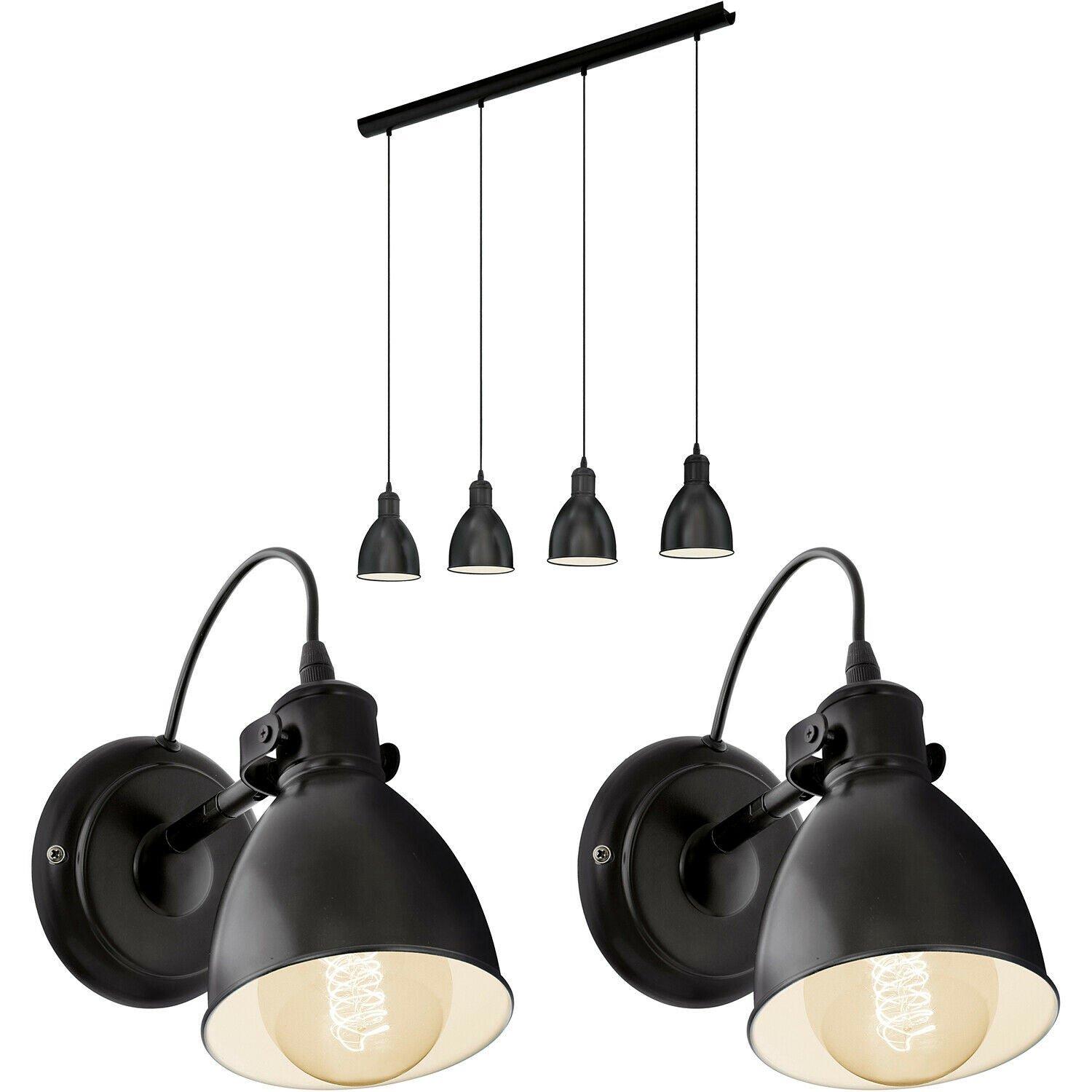 Quad Ceiling Light & 2x Matching Wall Lights Black Industrial Hanging Trendy