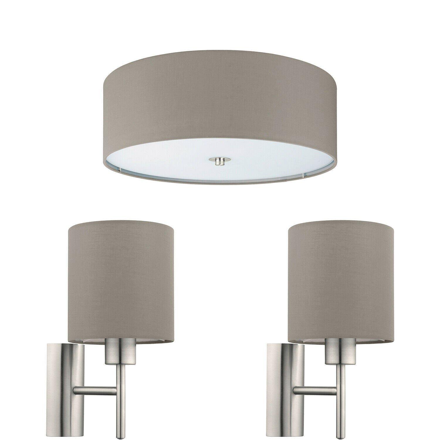 Low Ceiling Light & 2x Matching Wall Lights Taupe Fabric Round Shade Lamp