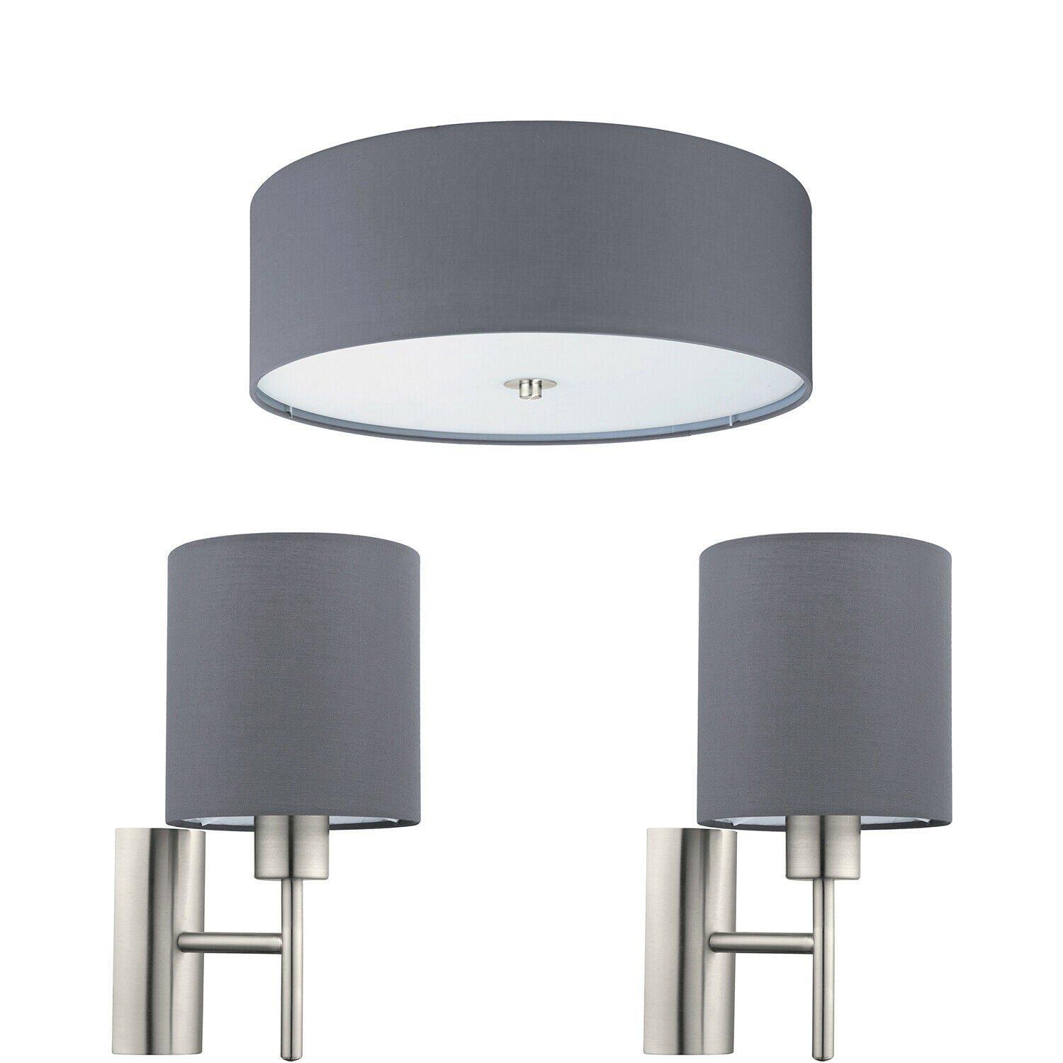 Low Ceiling Light & 2x Matching Wall Lights Grey Fabric Round Shade Lamp
