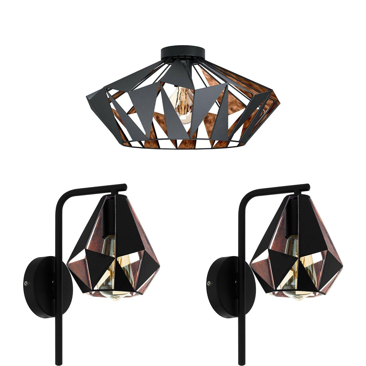 Low Ceiling Light & 2x Matching Wall Lights Black & Copper Geometric Shade