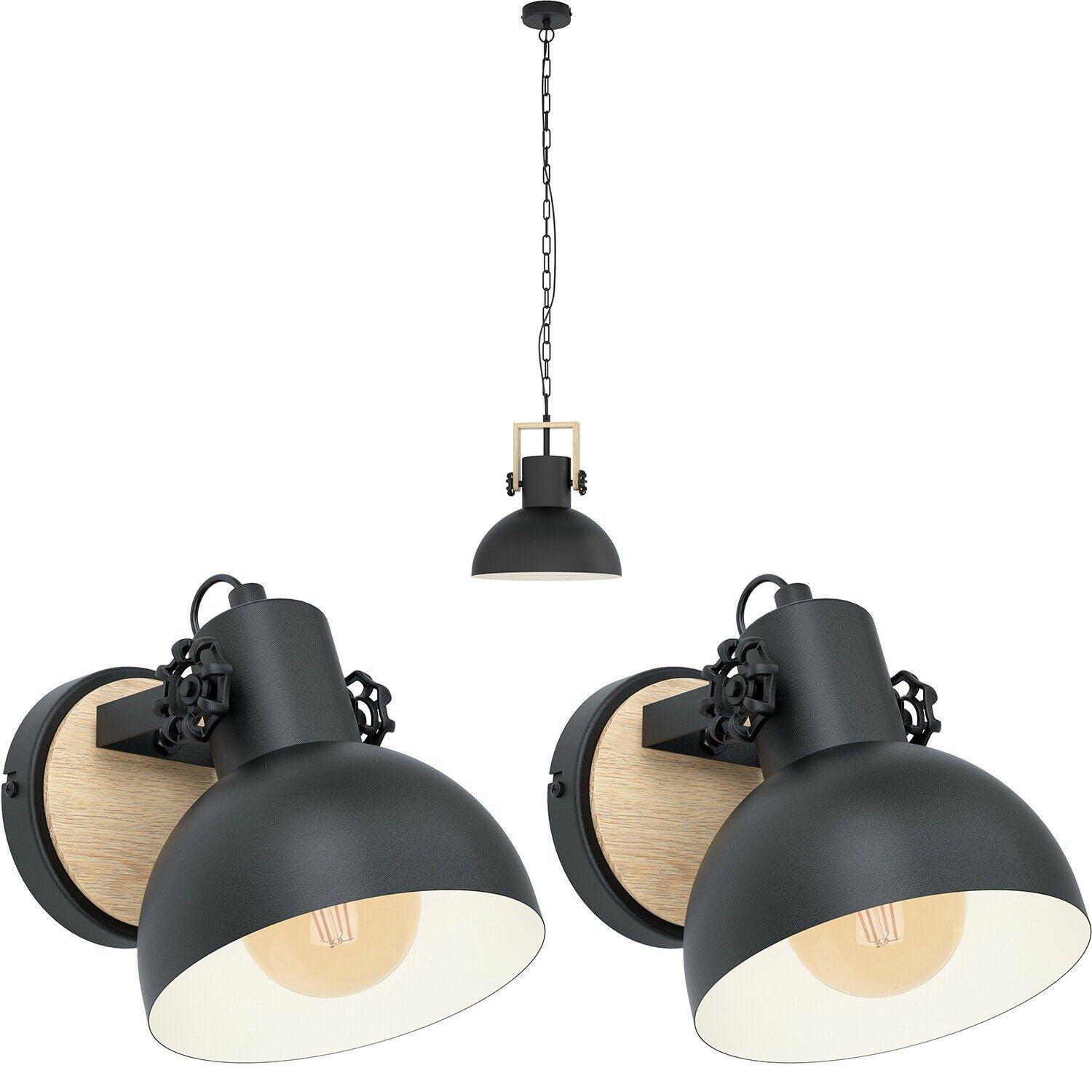 Ceiling Pendant Light & 2x Matching Wall Lights Black & Wood Industrial Shade