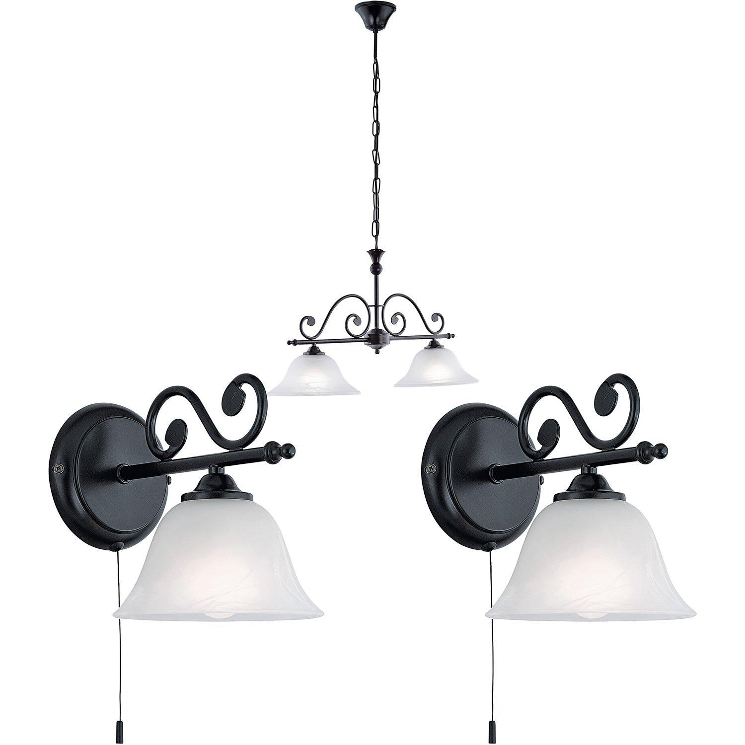 Twin Ceiling Pendant Light & 2x Matching Wall Lights Black & Alabaster Glass