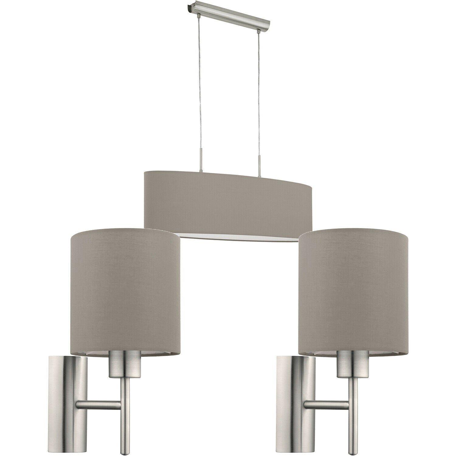 Ceiling Pendant Light & 2x Matching Wall Lights Satin Nickel Taupe Fabric Linear