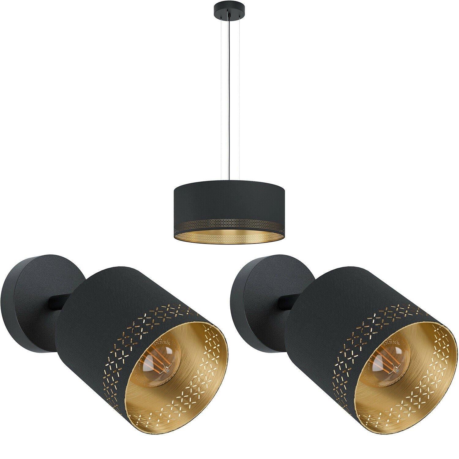 Ceiling Pendant Light & 2x Matching Wall Lights Black & Gold Round Fabric Shade