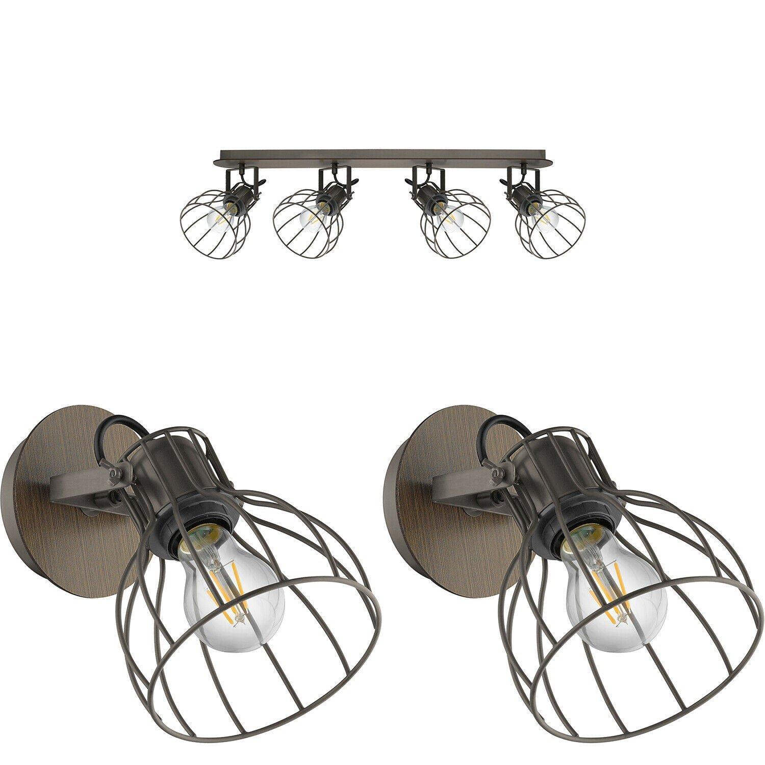 Quad Ceiling Light & 2x Matching Wall Lights Industrial Metal Cage Asjustable