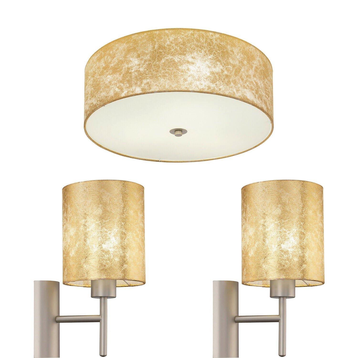 Low Ceiling Light & 2x Matching Wall Lights Gold Fabric Round Diffused Shade