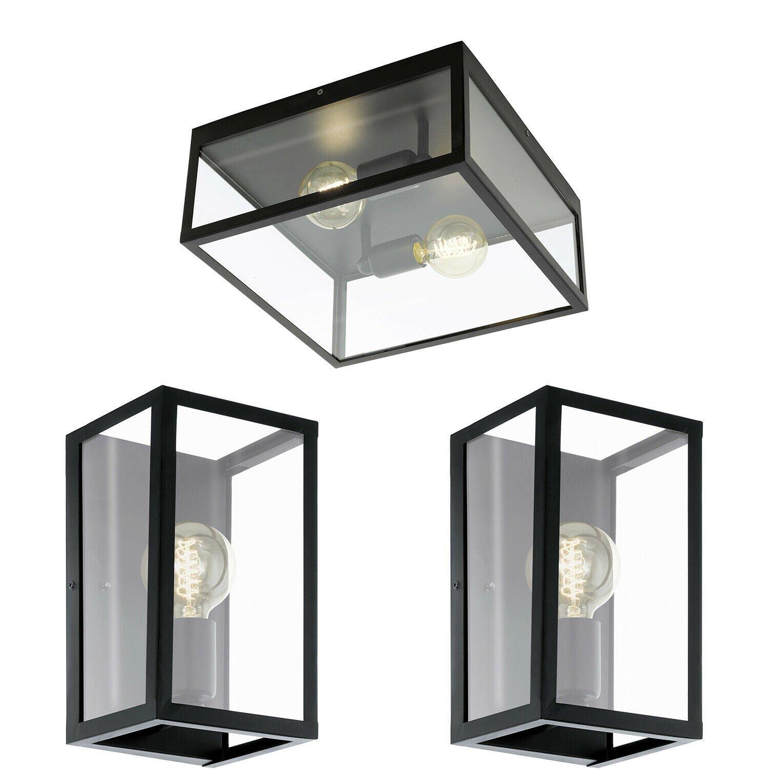 Low Ceiling Light & 2x Matching Wall Lights Black & Clear Glass Modern Box Lamp