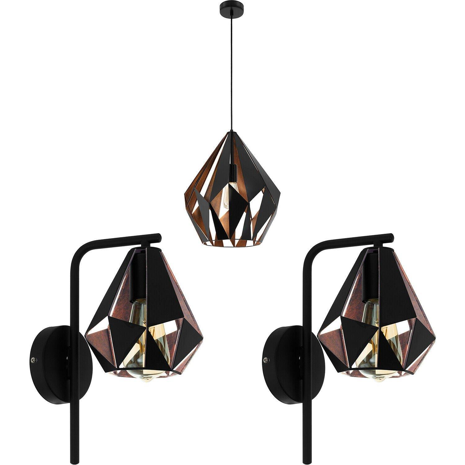 Ceiling Pendant Light & 2x Matching Wall Lights Black Copper Geometric Shade