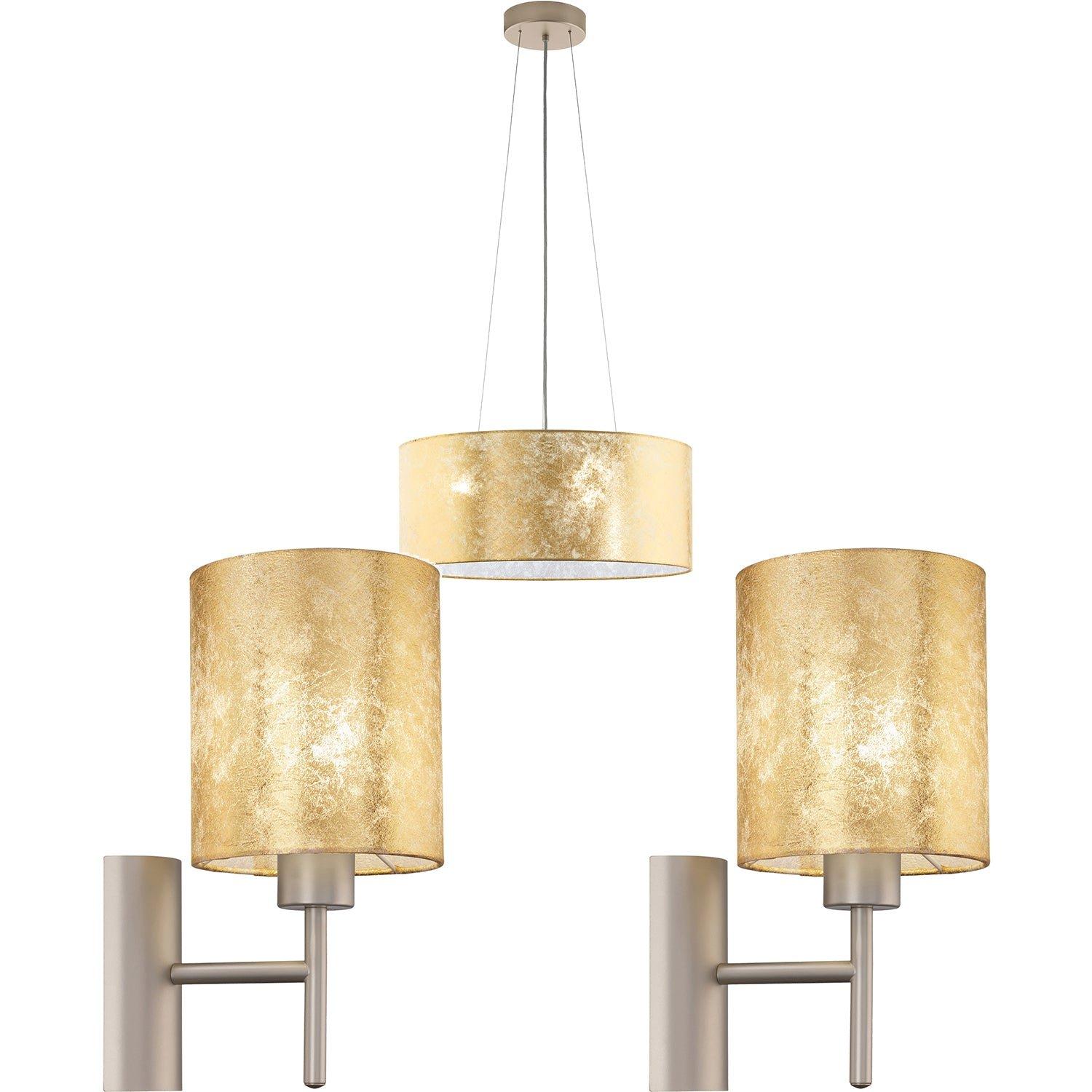 Ceiling Pendant Light & 2x Matching Wall Lights Champagne & Gold Fabric Shade