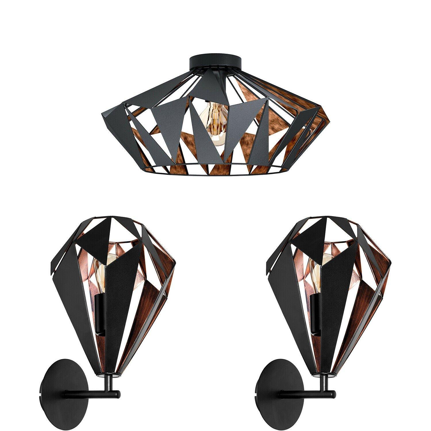 Low Ceiling Light & 2x Matching Wall Lights Black Copper Geometric Lamp Shade