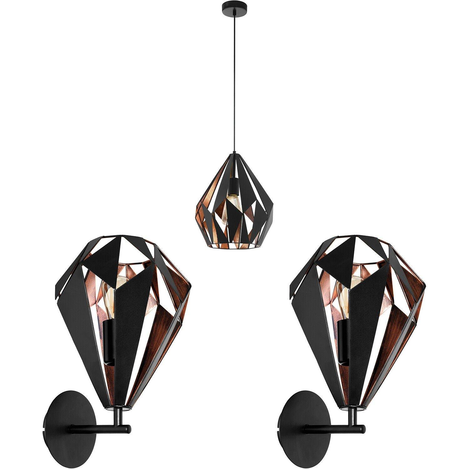 Ceiling Pendant Light & 2x Matching Wall Lights Black & Copper Shard Geometric