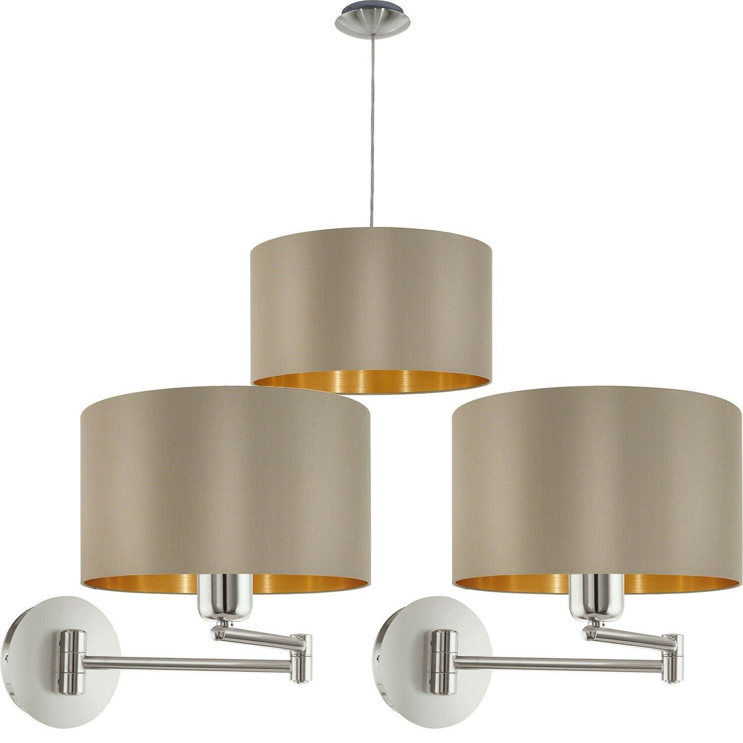 Ceiling Pendant & 2x Matching Wall Lights Taupe & Gold Fabric Feature Shade
