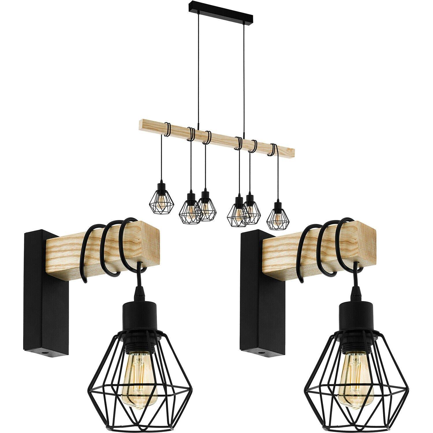 Multi Bulb Ceiling Pendant Light & 2x Matching Wall Lights Black Cage & Wood