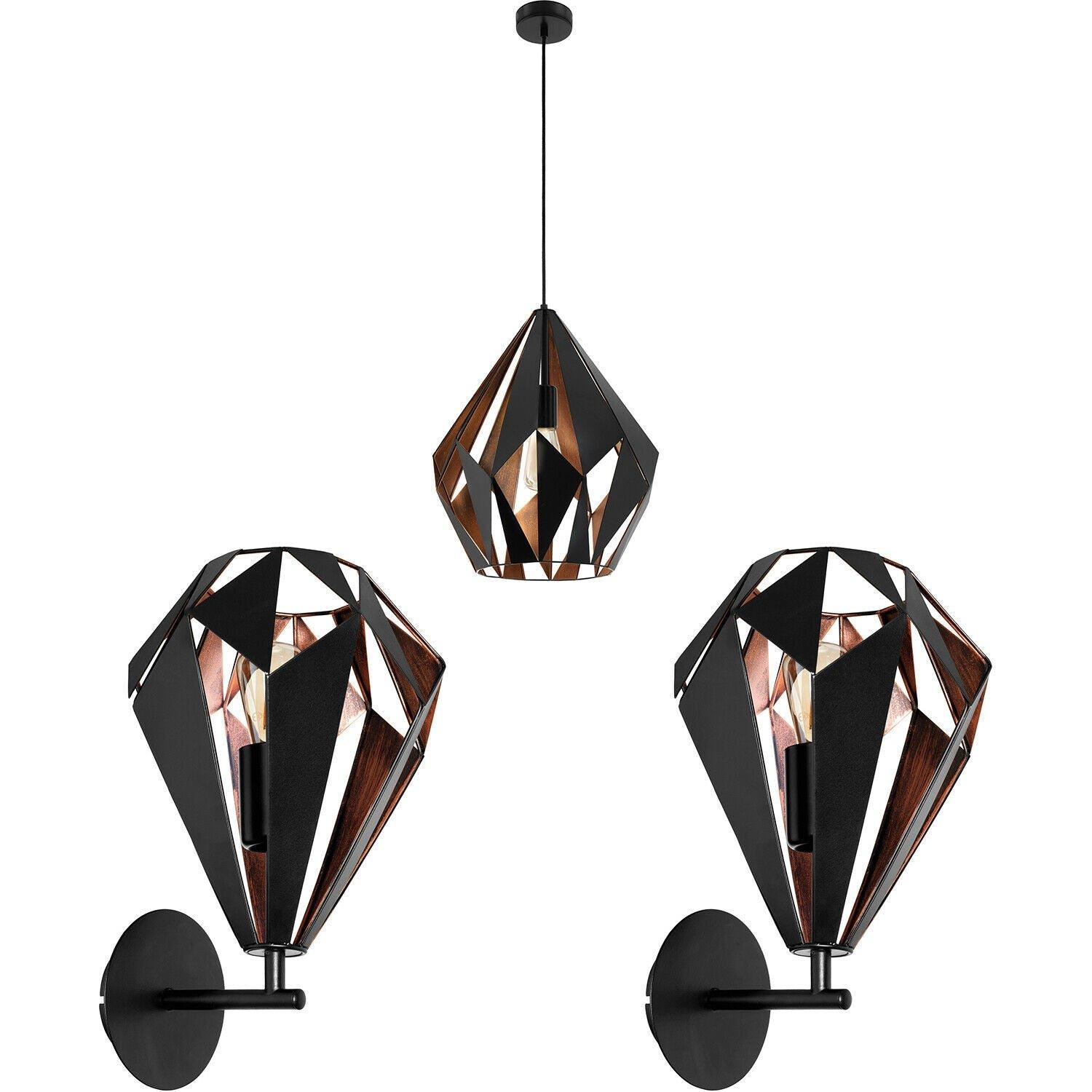 Ceiling Pendant & 2x Matching Wall Lights Black & Copper Shard Geometric Shade
