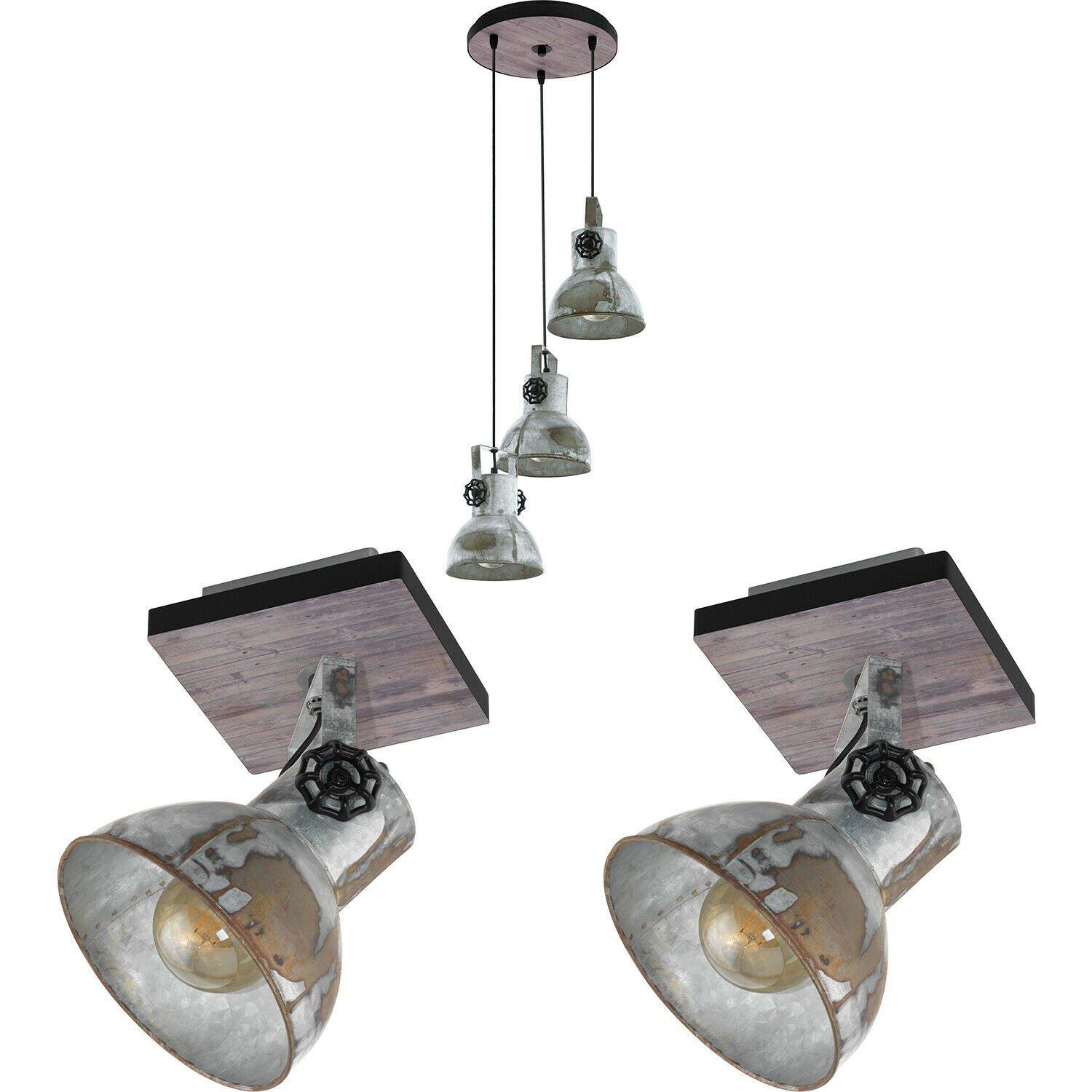 Ceiling Pendant & 2x Matching Wall Lights Industrial Raw Steel Multi Lamp Set