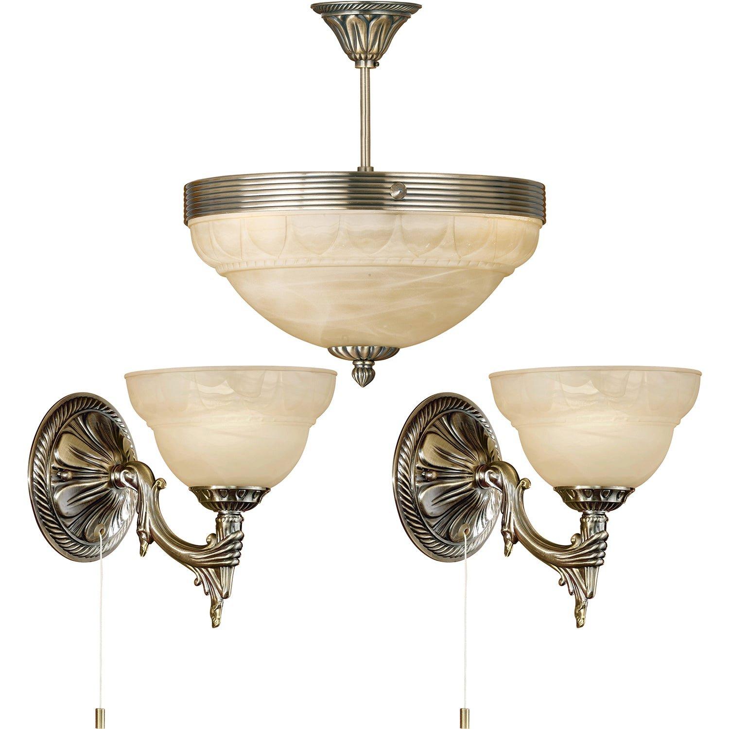 Ceiling Pendant & 2x Matching Wall Lights Bronze Alabaster Glass Vintage Lamp