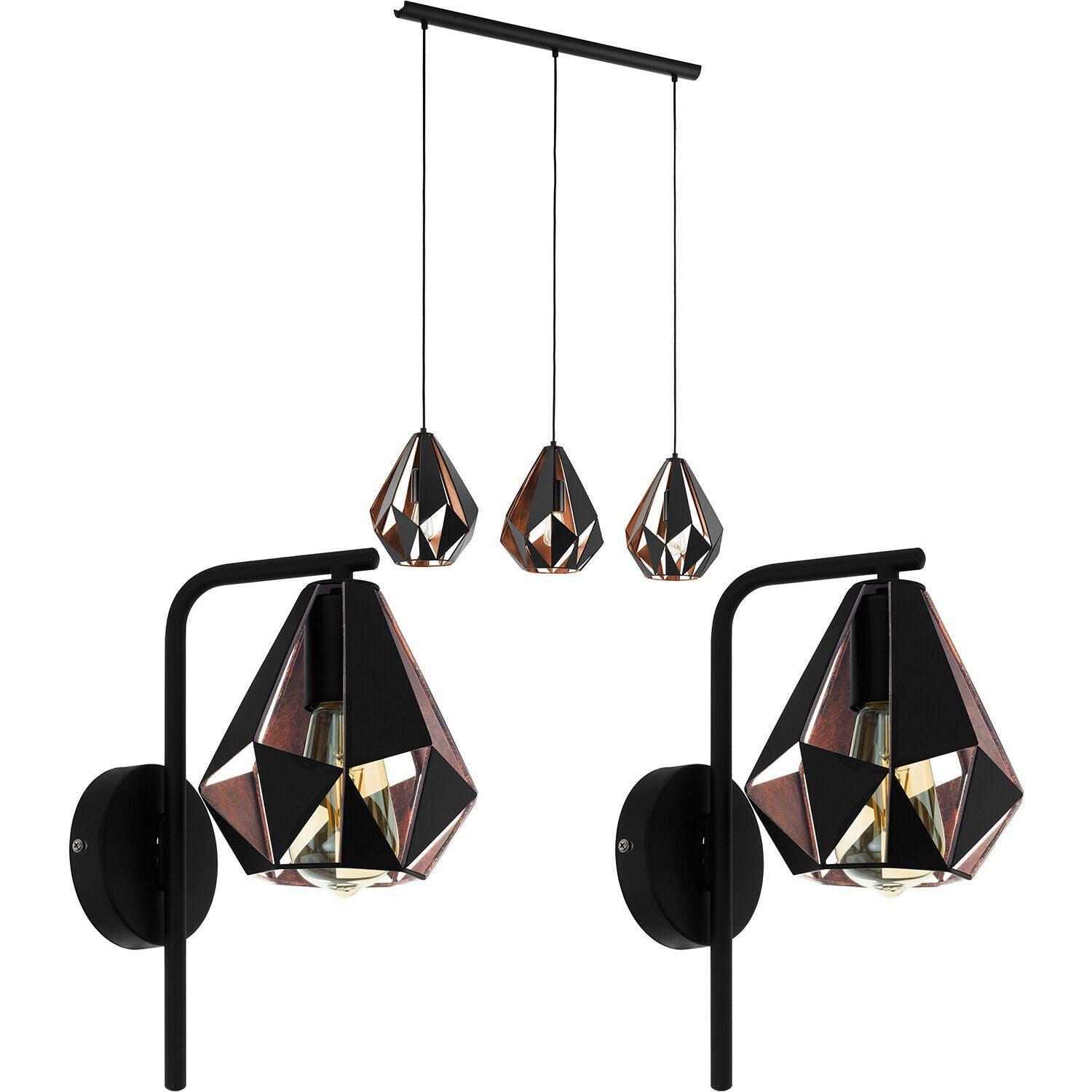 3 Bulb Ceiling Pendant Light & 2x Matching Wall Lights Black & Copper Geometric
