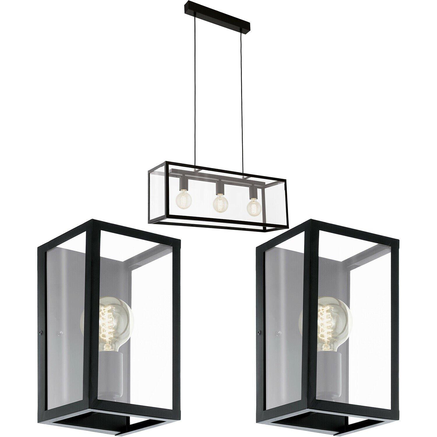 Ceiling Pendant Light & 2x Matching Wall Lights Black & Glass Box Dining Room