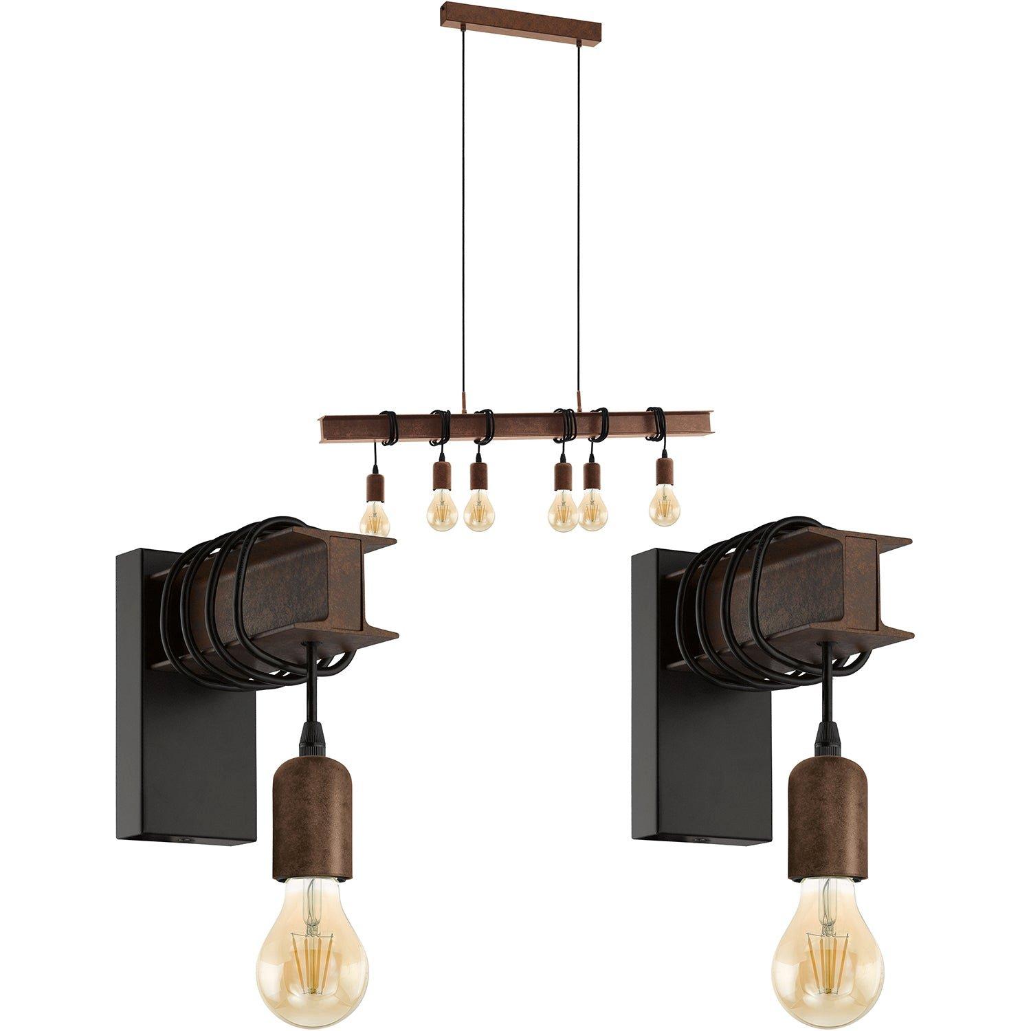 Multi Bulb Ceiling Pendant Light & 2x Matching Wall Lights Industrial Metal Beam