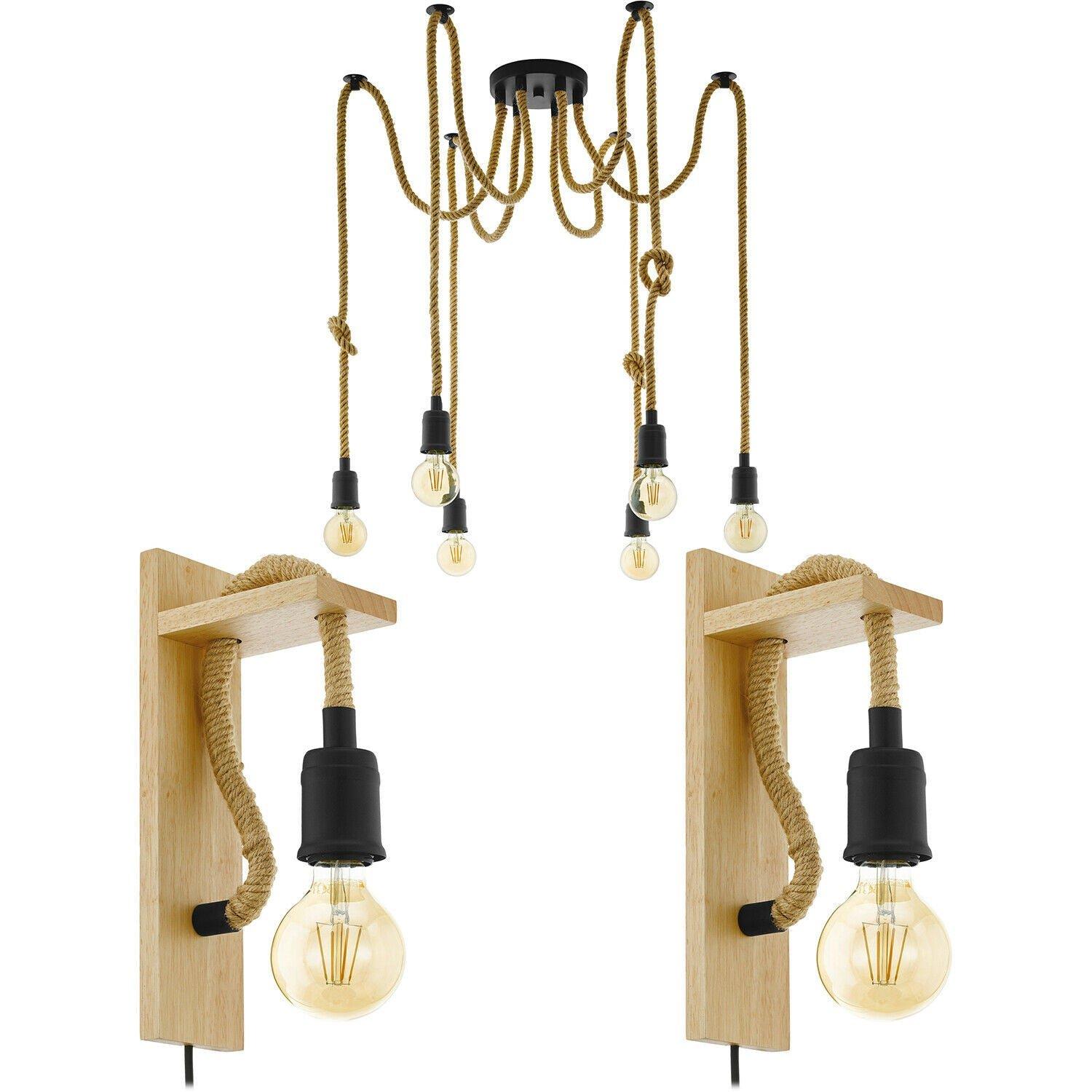 Multi Bulb Ceiling Pendant Light & 2x Matching Wall Lights Black & Rope Trendy